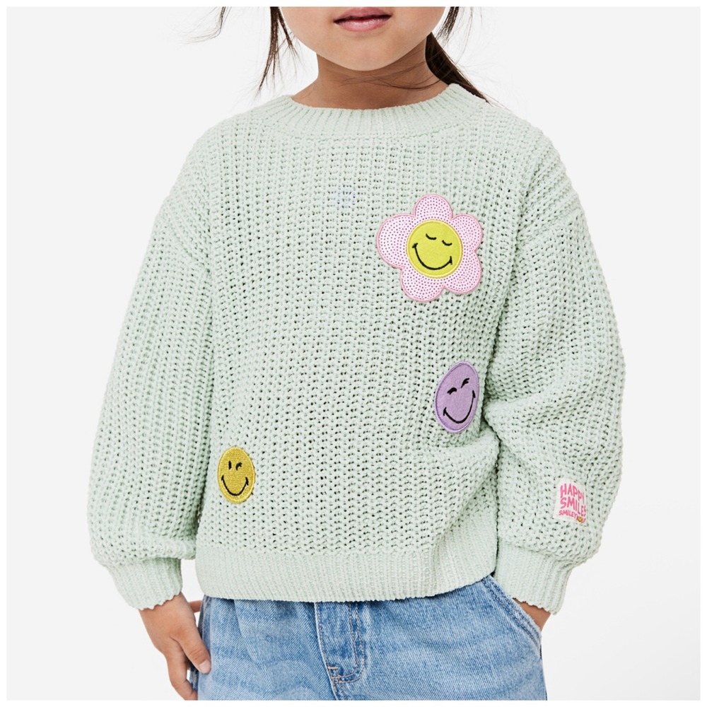 H&M Girls Smiley World Patches Chenille Sweater Light Sage Green Size 3/4T Used